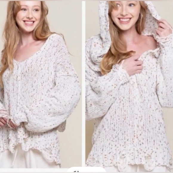 POL Cream Confetti Knit Hoodie Distressed Sweater Sz Small Oversized Coziness - Picture 10 of 10